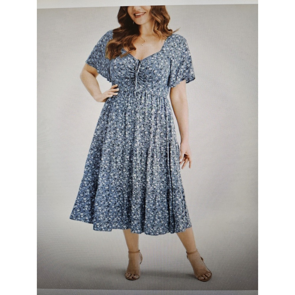 NWOT Bloomchic Blue Ditsy Floral SS Drawstring Neckline Midi Dress, Plus 3X - Picture 2 of 12